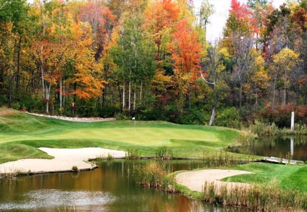 photo of a golf course green with water and sand trap
