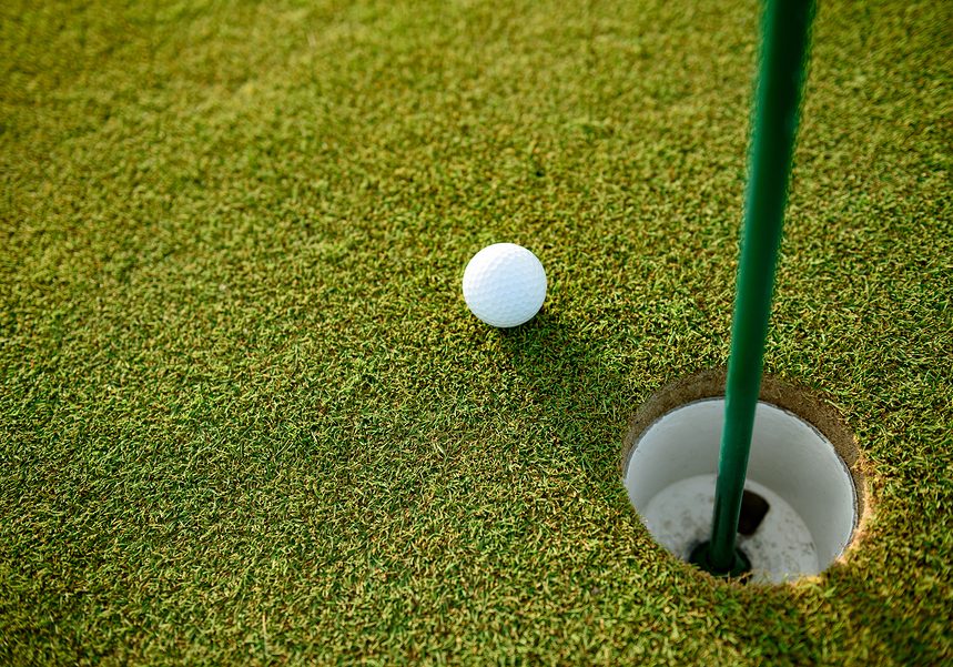 golf hole with golf ball next to the pin