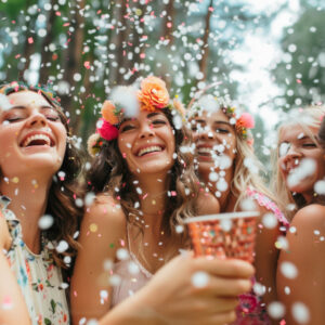 4 girls outdoors enjoying a cocktail with celebration confetti falling