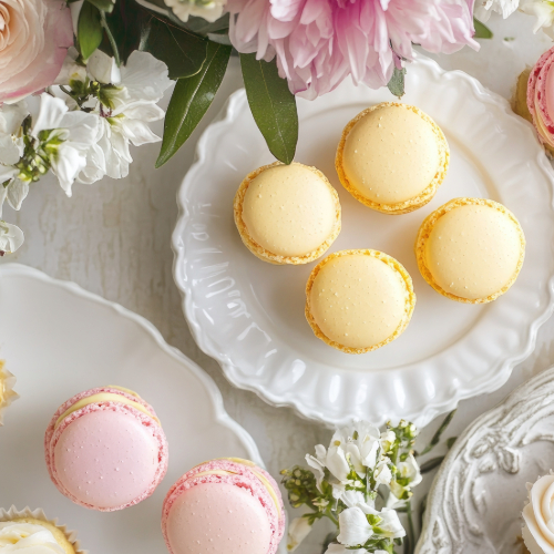 fancy wedding cookies yellow and pink on nice tableware