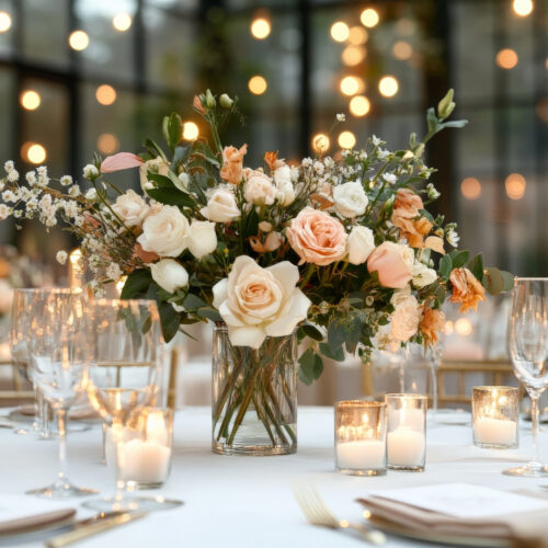 Romantic wedding reception table with roses and candles at Copper Hills