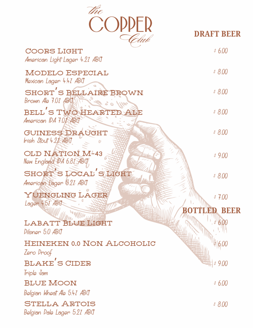 the copper club beer draft list with beer mug
