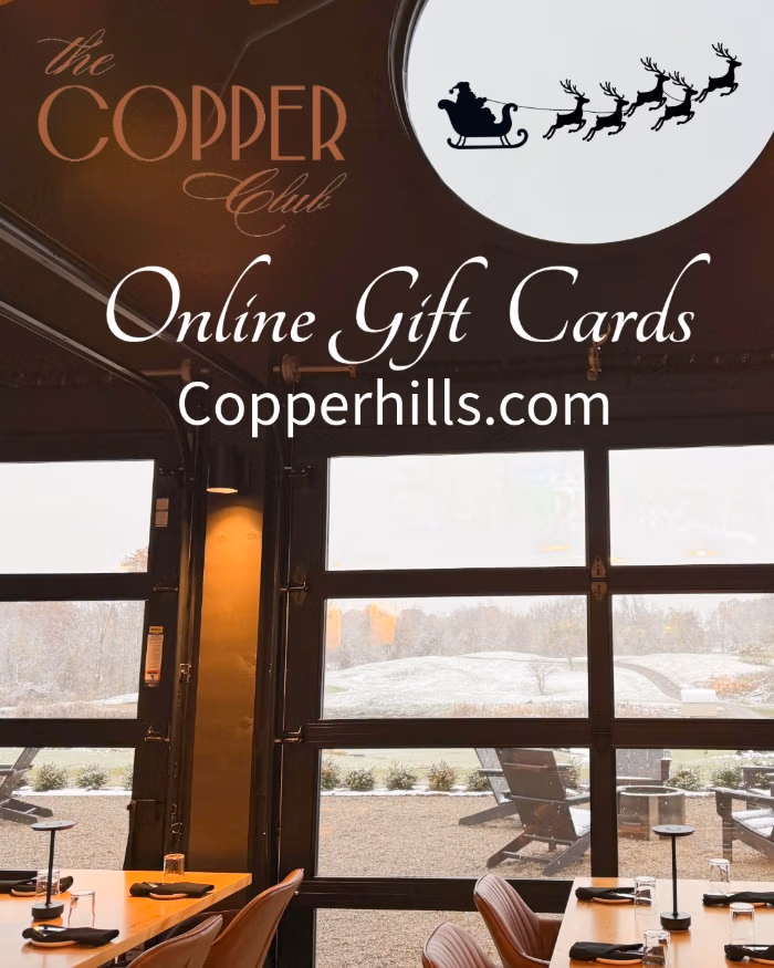 Online gift cards copper club scene with dining tables looking over a golf course view with Christmas gift theme