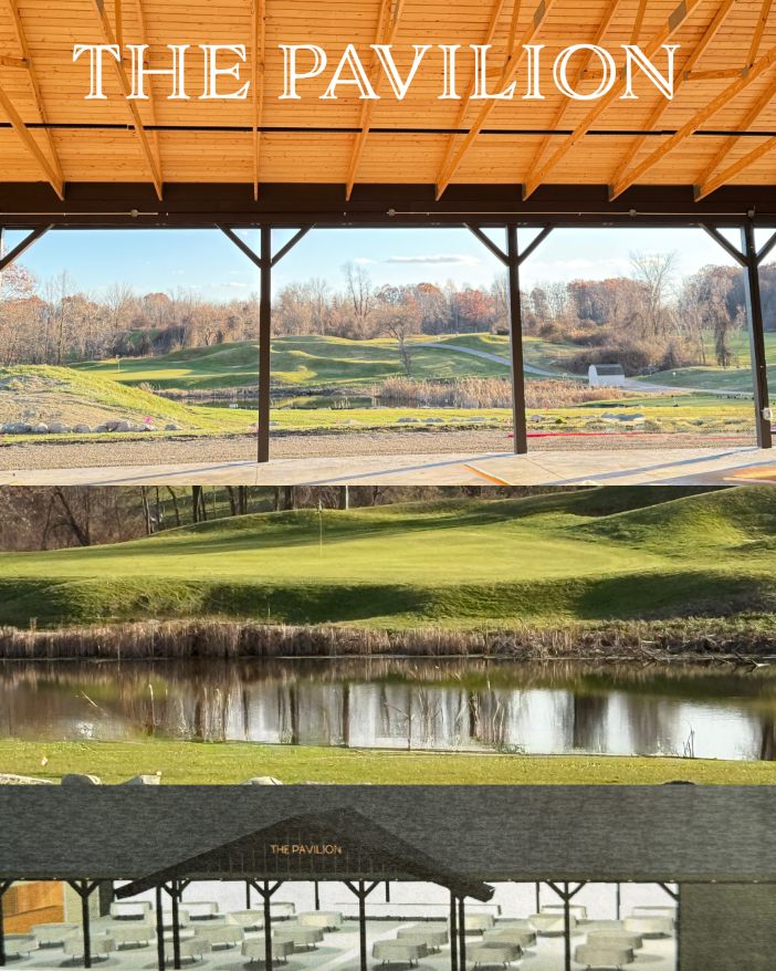 The Pavilion venue with cascading wooden ceilings views of golf course and renderings of the event venue