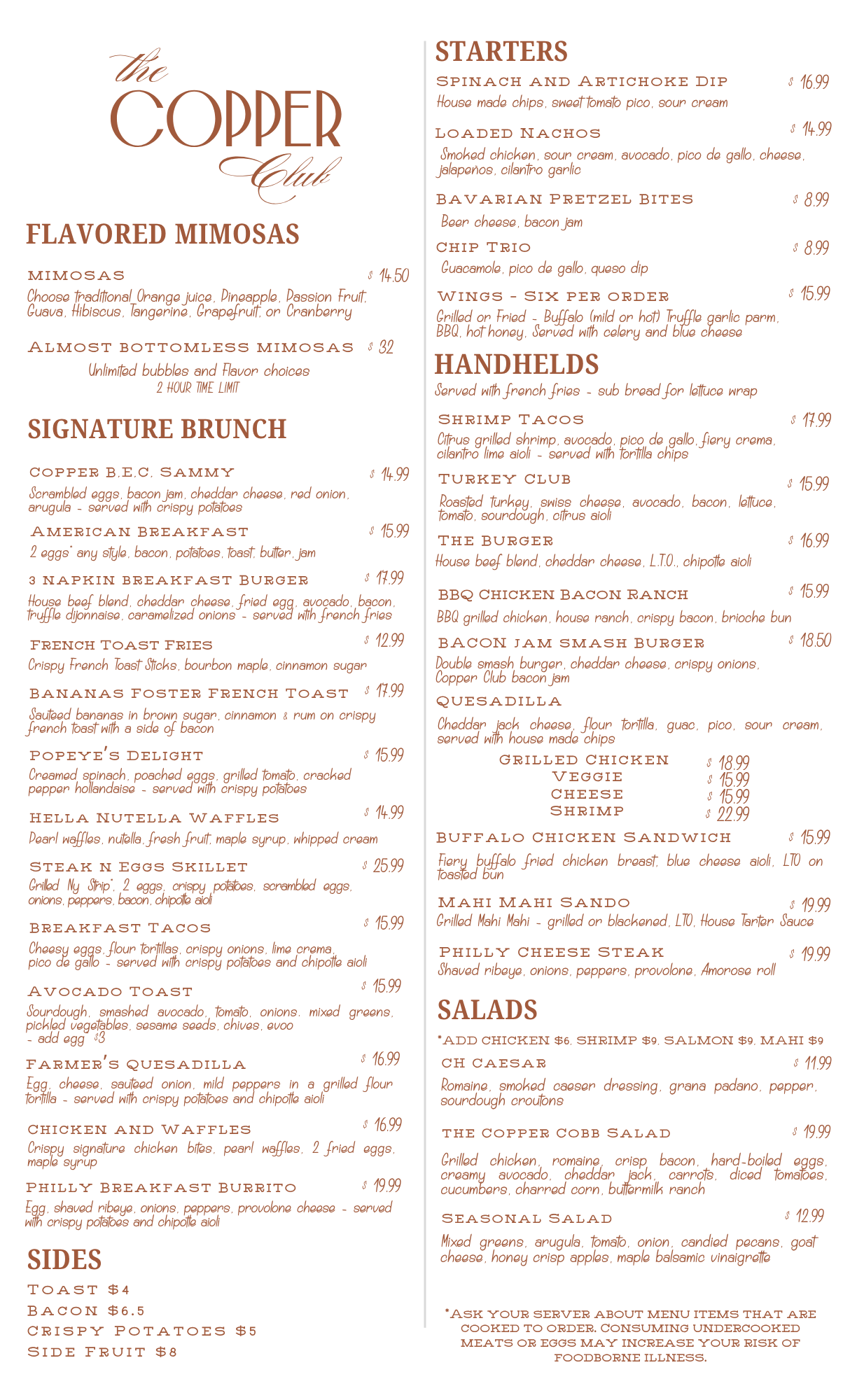 Brunch Menu for The Copper Club