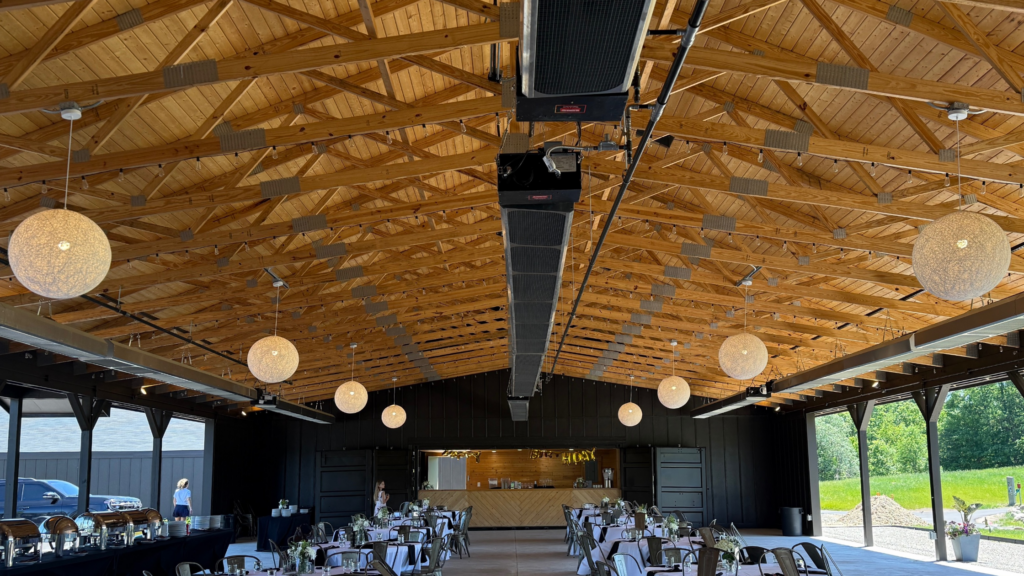 wedding venue with bar, tables and catering