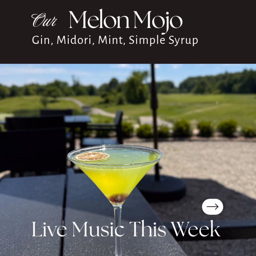 craft cocktail on restaurant patio with golf club views