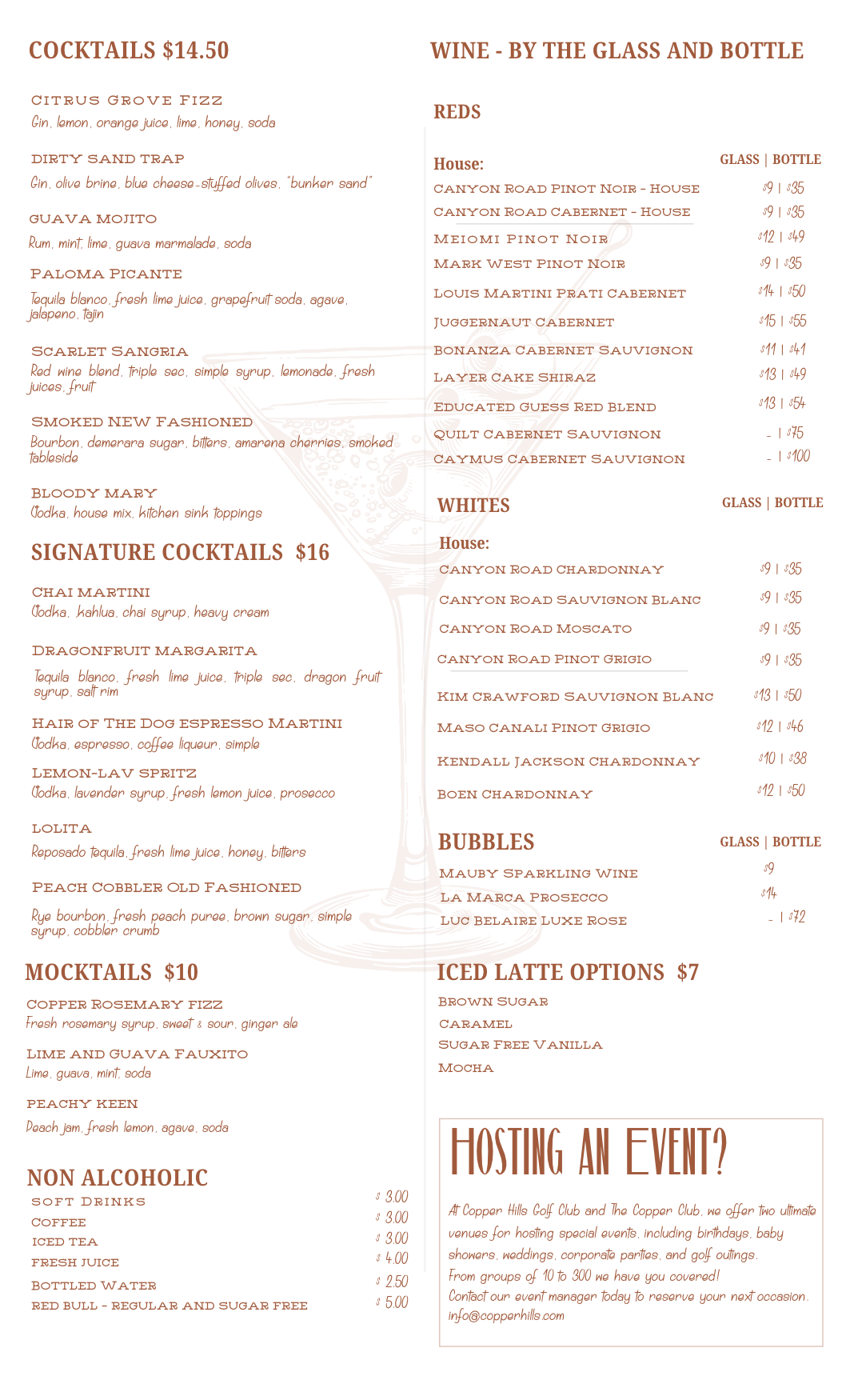 The Copper Club Restaurant and Sports bar drink menu